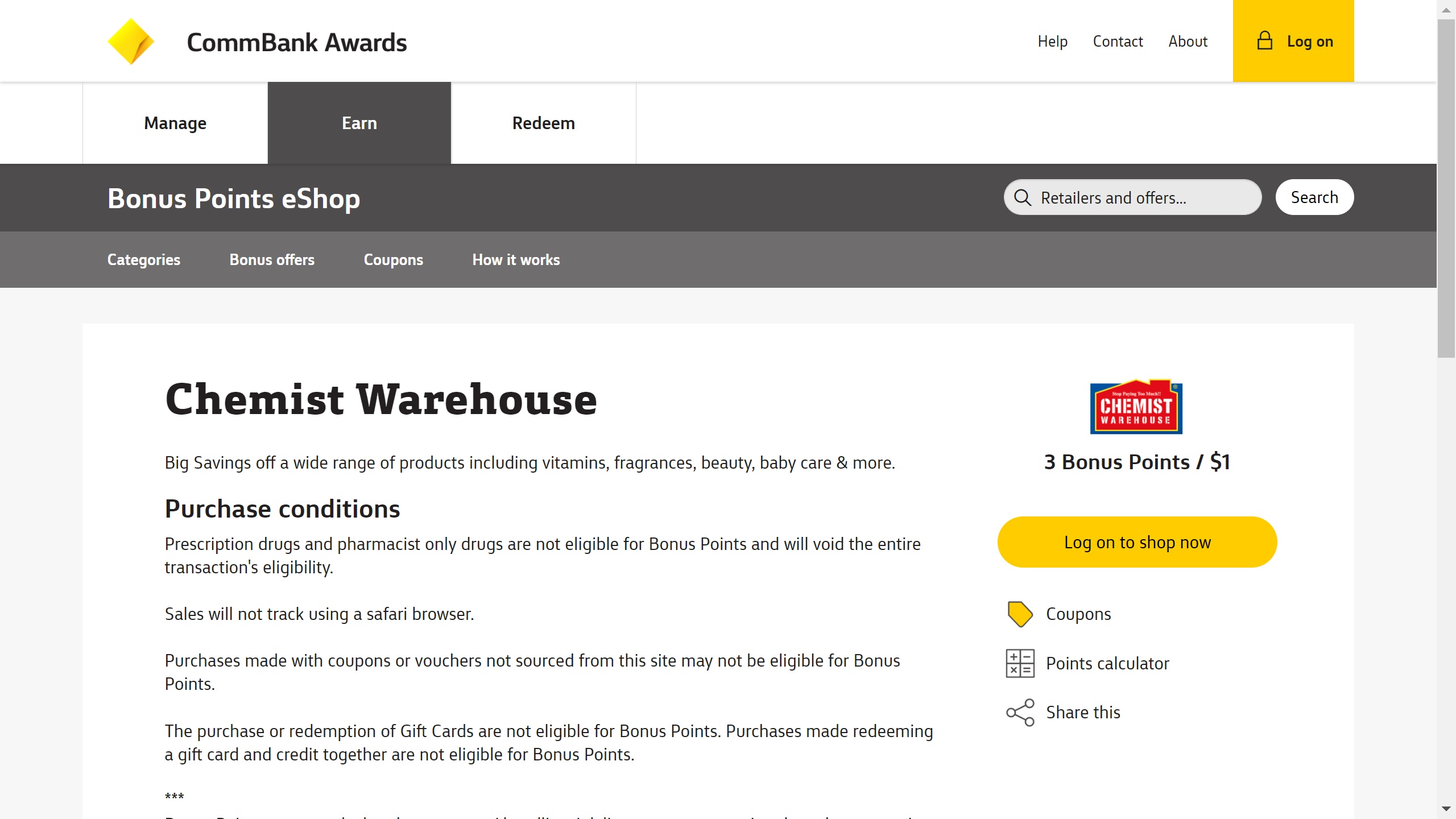 does chemist warehouse price match commbank awards