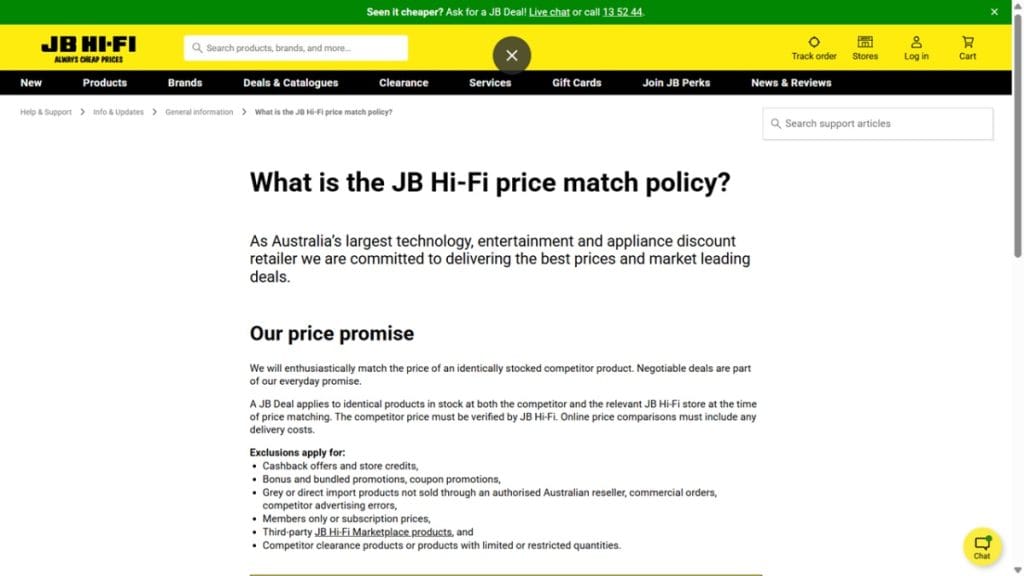 jb hifi price match policy screenshot