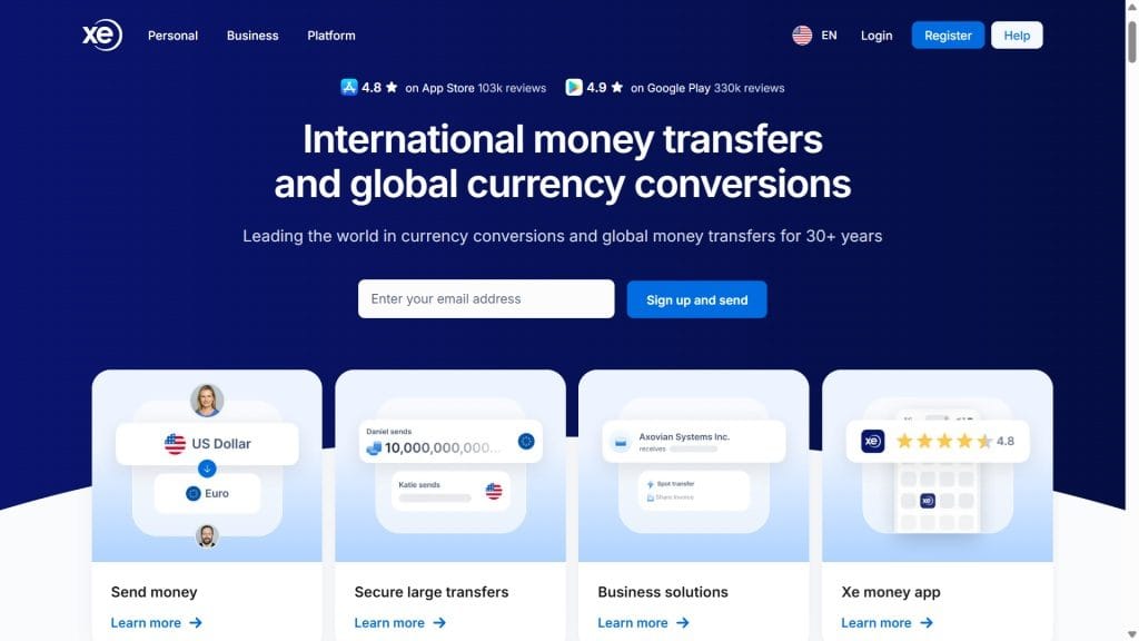 xe promo code home page screenshot