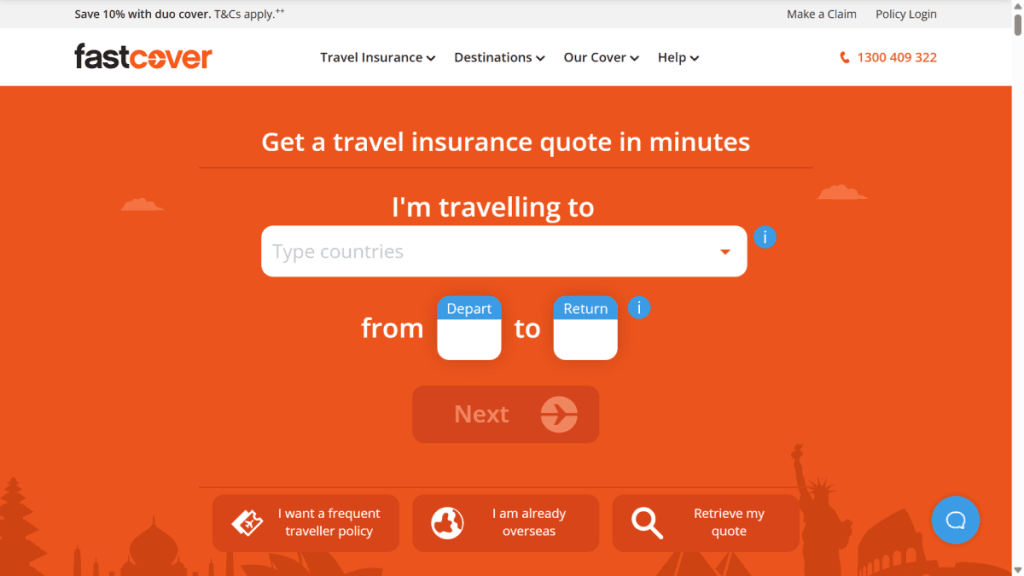 fast cover promo code screenshot | The Champagne Mile - Deals Travel insurance quote form on an orange hero banner with a country input and departure/return fields