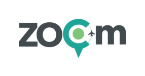 Zoom logo with a teal location pin and airplane motif integrated into the wordmark.