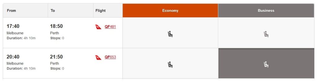 Melbourne to Perth flight options.