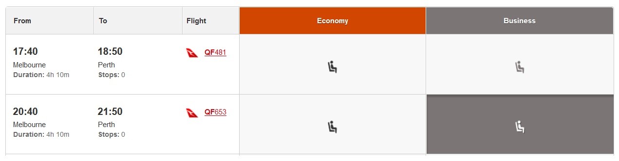 Melbourne to Perth flight options.