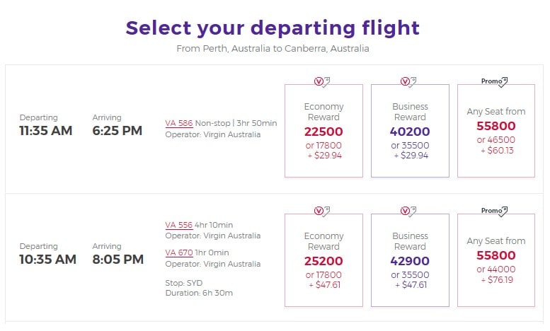 Virgin Australia flight search. Source: Virgin Australia website