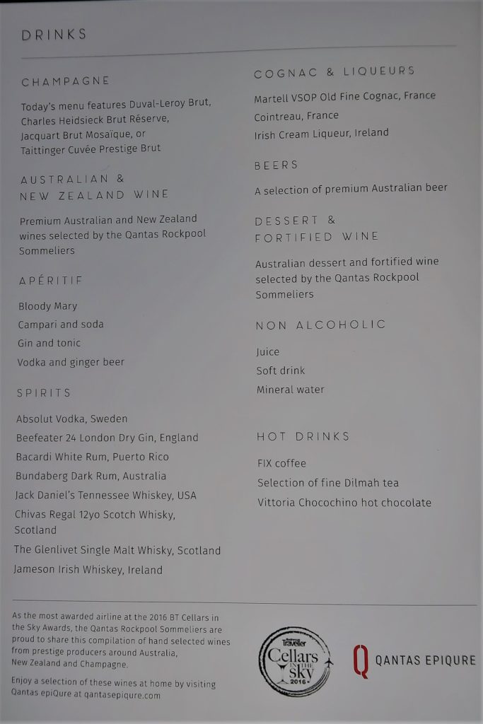 Qantas Business Class Menu