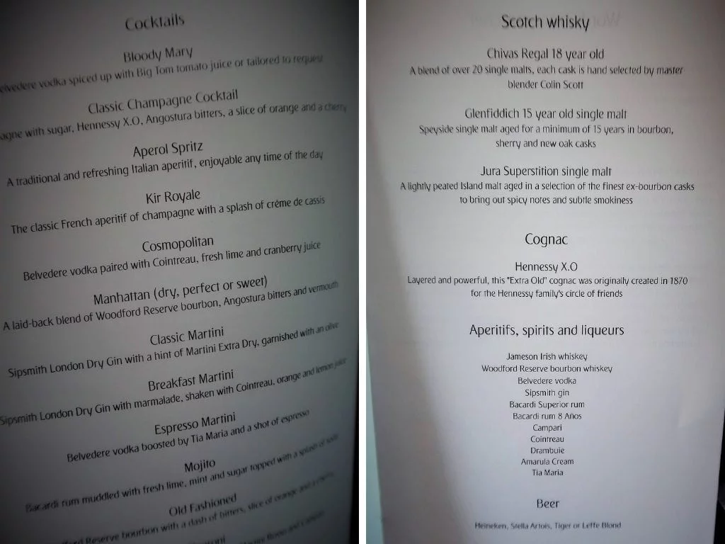 emirates business class review a380 menu cocktails spirits