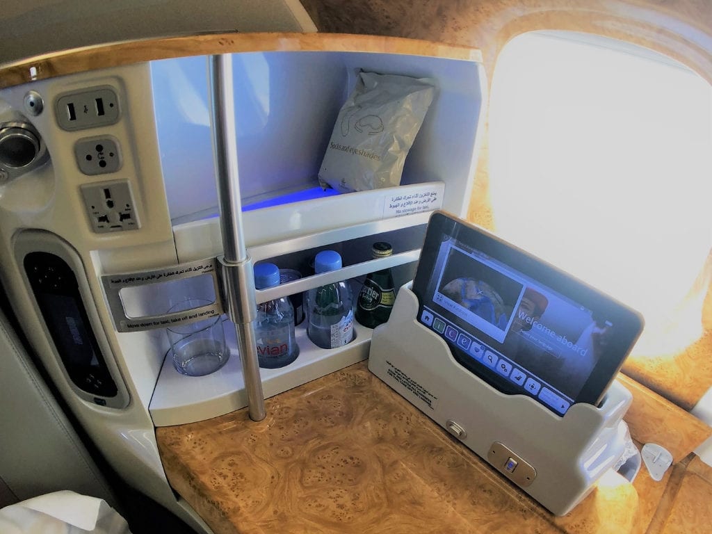 emirates business class review a380 seat console