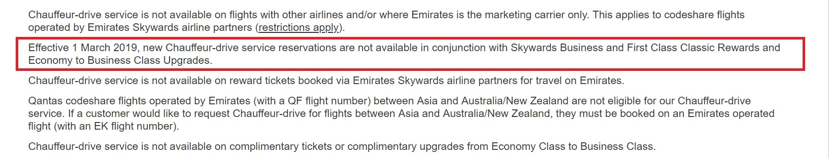 Emirates terms regarding Chauffeur Drive benefit for award tickets