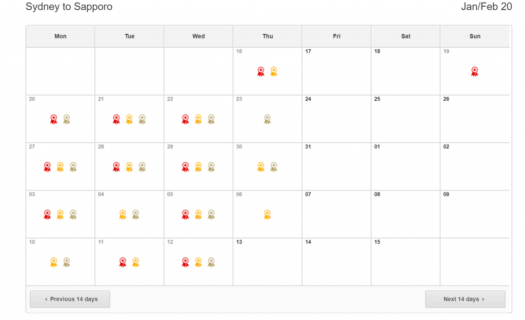 qantas sapporo flights calendar