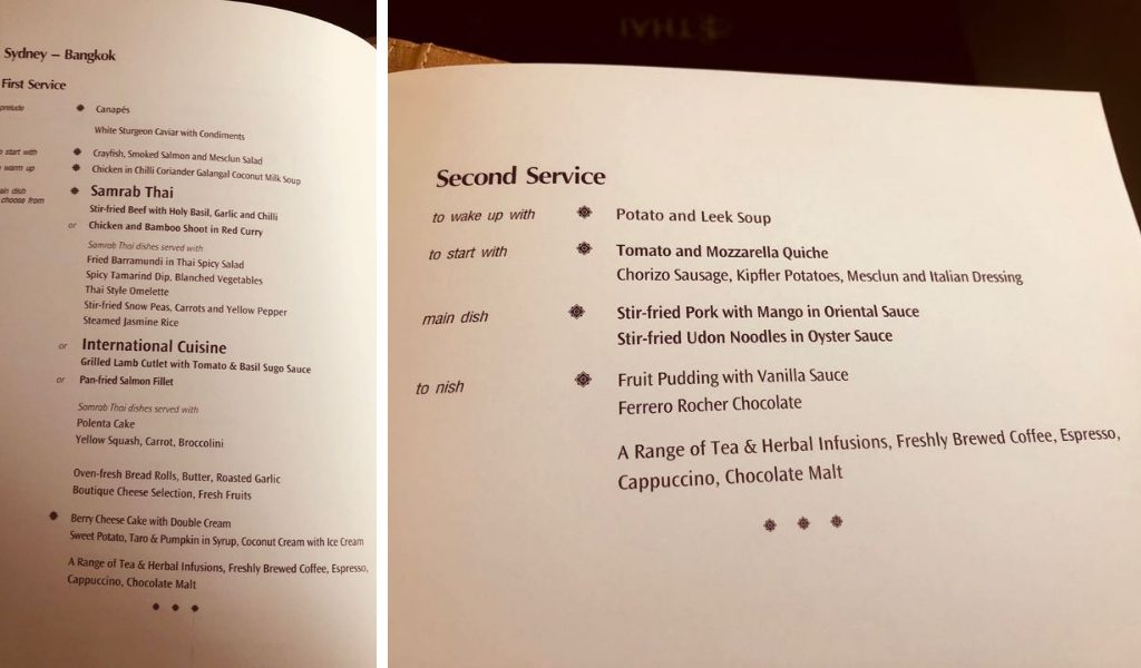 First Class food menu