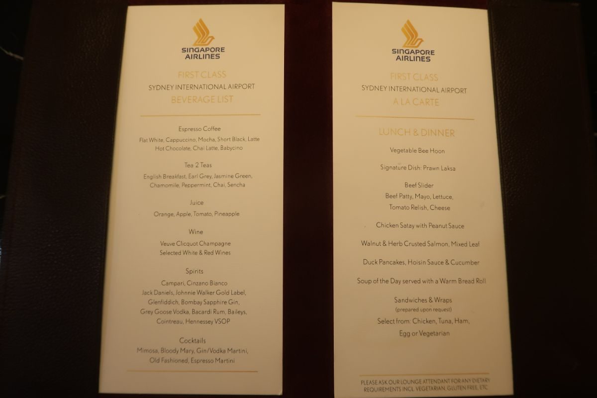 Singapore Airlines SilverKris Lounge menu