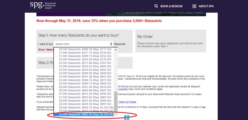 Purchase starpoints drop down