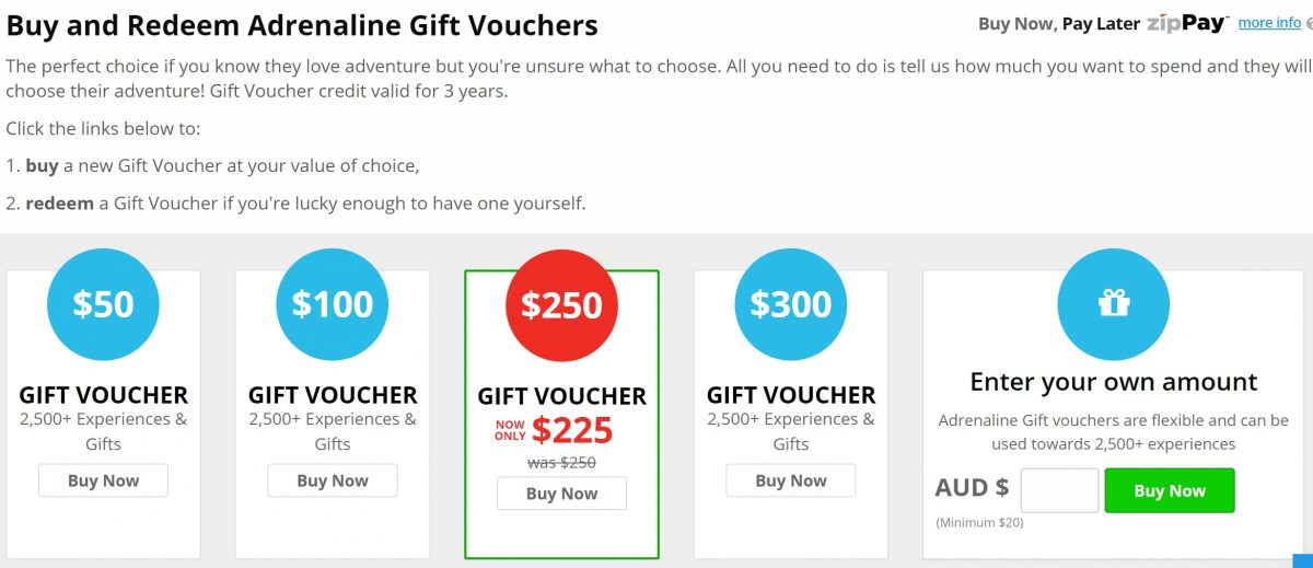 adrenaline gift voucher page