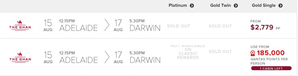 Adelaide to Darwin Ghan service points vs pay