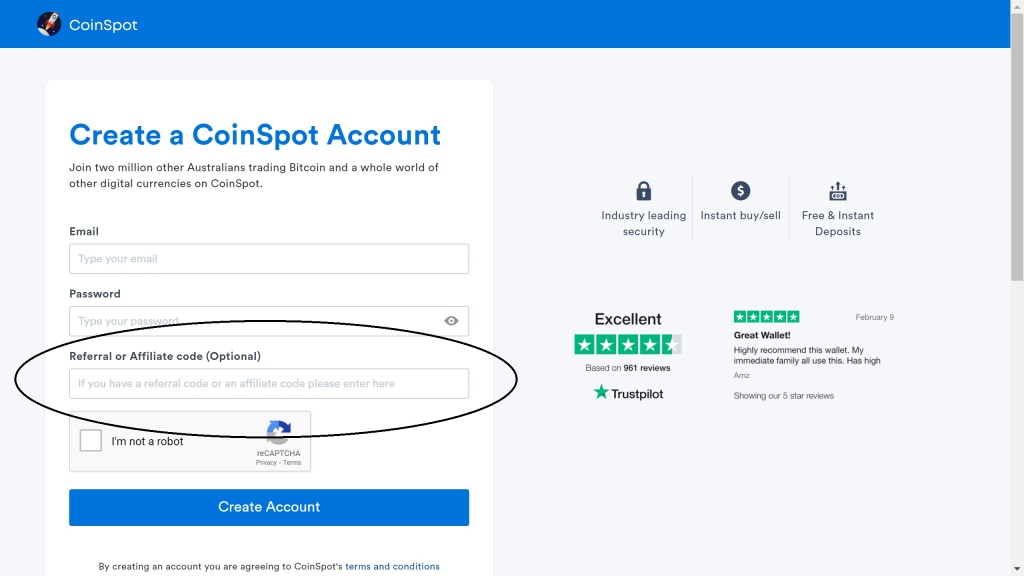 coinspot referral code join screen 2