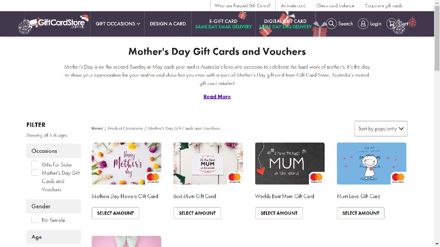 gift card store mothers day in australia
