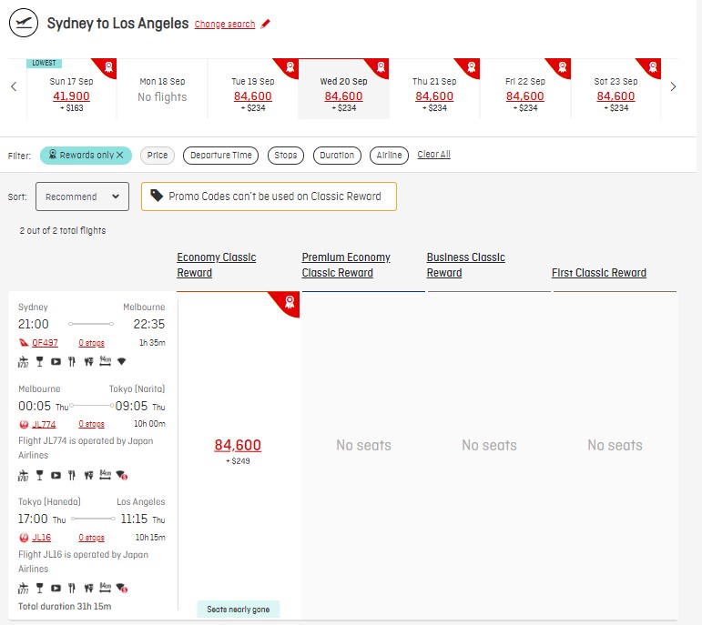 Qantas Classic Flight Reward how to book SYD LAX 2