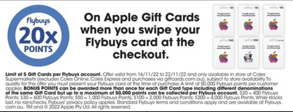 20x Flybuys points on Apple gift cards @ Coles (2 Aug to 8 Aug 2023) :  r/VelocityFrequentFlyer