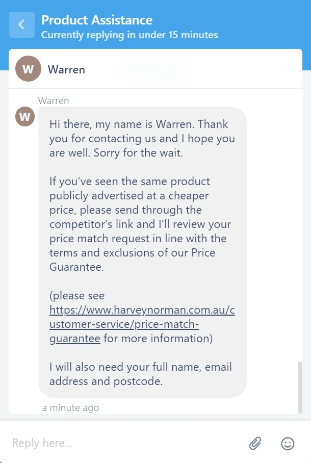 harvey norman price match chatbot online