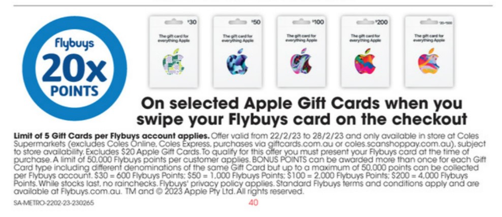 flybuys 20x points apple gift cards