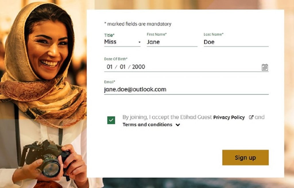etihad guest guide sign up screen