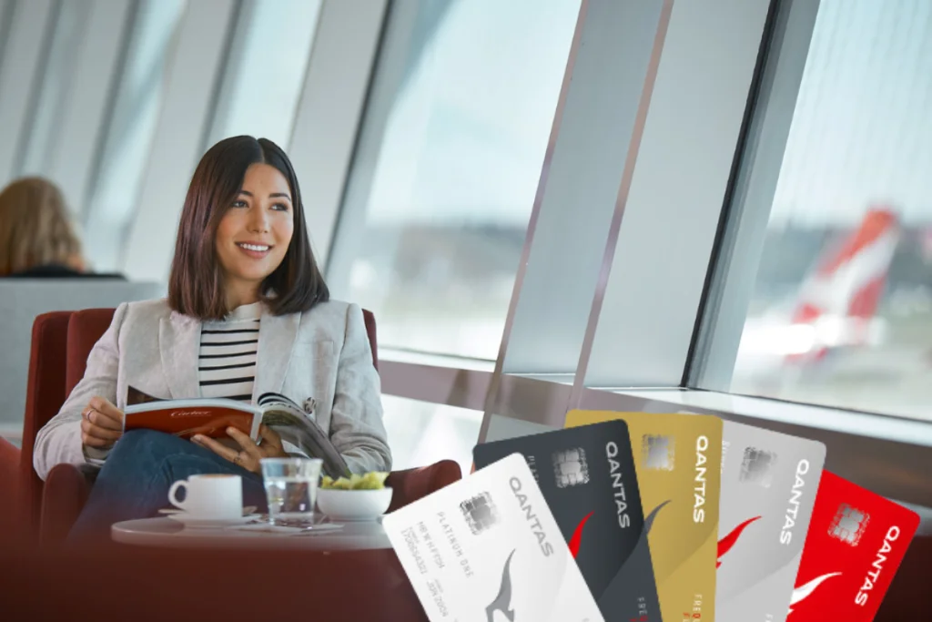 qantas double status credit logo with woman in lounge