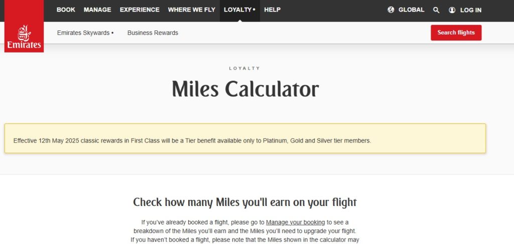 emirates first class rewards notice message displaying on emirates first website